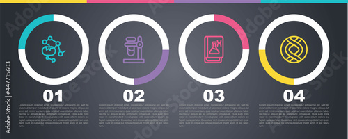 Set line Genetically modified food, Test tube flask on stand, engineering book and DNA symbol. Business infographic template. Vector