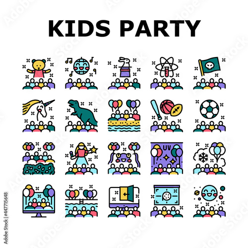 Kids Birthday Party Collection Icons Set Vector. Magic And Disco Kids Birthday Party, Outdoor Soccer Sport And Virtual Escape Room, Pool And Beach Line Pictograms. Contour Color Illustrations