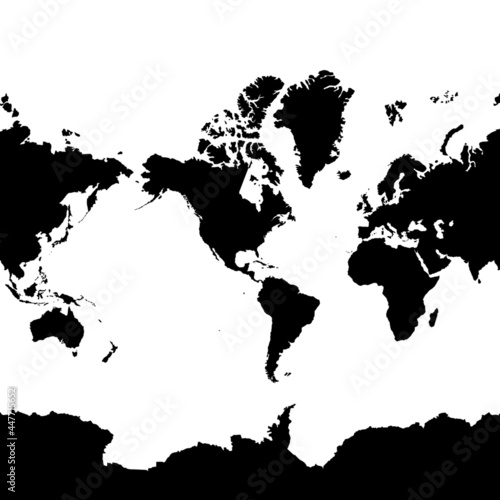 Planisphere black silhouette vector illustration isolated on white - World map with America in the middle and Antartica 