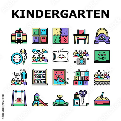 Kindergarten Activity Collection Icons Set Vector. Kindergarten Sleeping And Walking Time, Mathematics And Painting Studying Lesson, Puzzle Jigsaw And Toy Line Pictograms. Contour Color Illustrations