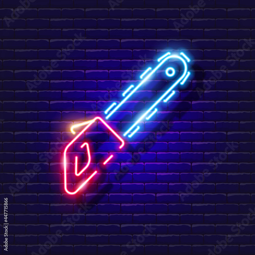 Chainsaw neon icon. Vector illustration for design. Repair tool glowing sign. Construction tools concept.