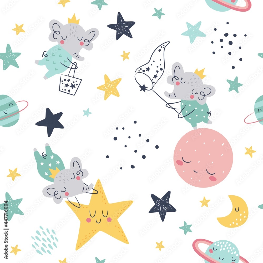 Seamless childish pattern with catching stars cute elephants, planets, cloud, moon and stars. Creative kids texture for fabric, wrapping, textile, wallpaper, apparel. Vector illustration