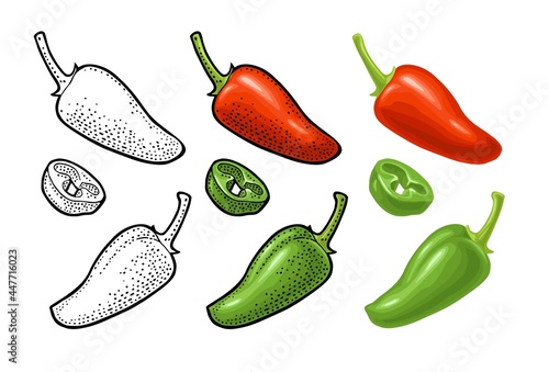 Whole and slice pepper jalapeno. Vector color illustration isolated on white background.