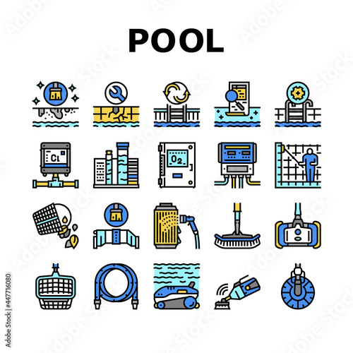 Pool Cleaning Service Collection Icons Set Vector. Pool Cleaning Electronic Robot With Vacuum Brush And Cleaner Equipment, Ozonator And Filtration Line Pictograms. Contour Color Illustrations