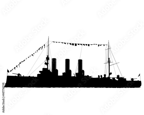 Old warship is sailing on the sea. Isolated silhouette on white background