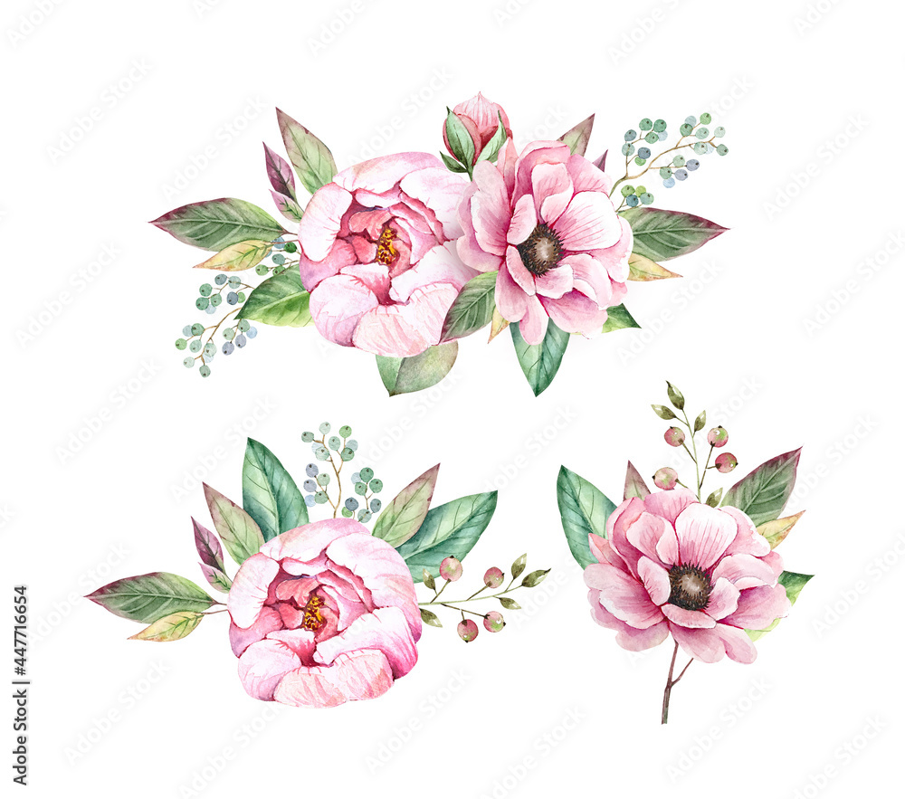 set of watercolor flowers and bouquets, pink peonies on a white background. hand painted for wedding invitations, decor and design