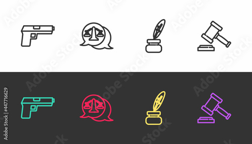 Set line Pistol or gun, Scales of justice, Feather and inkwell and Judge gavel on black and white. Vector