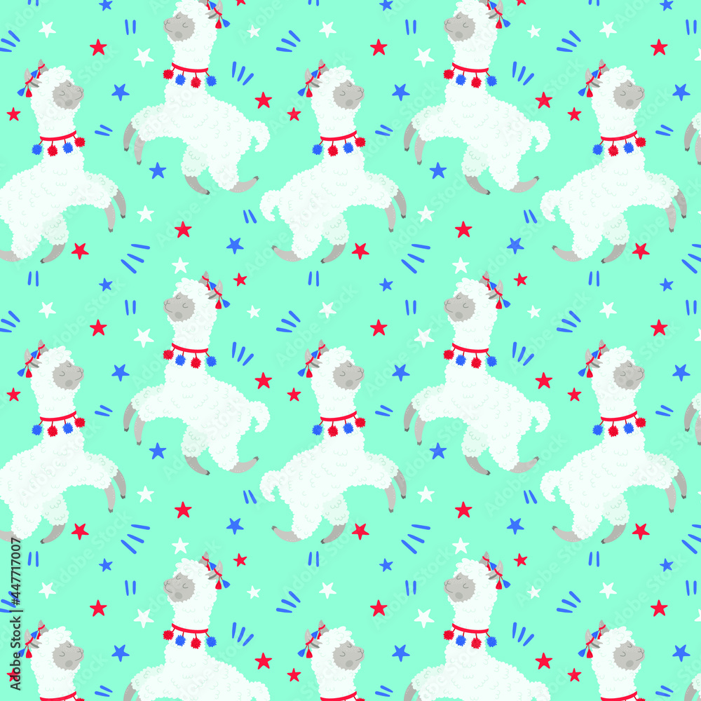 Cute llama seamless pattern. Llamas vector pattern. Happy llama running