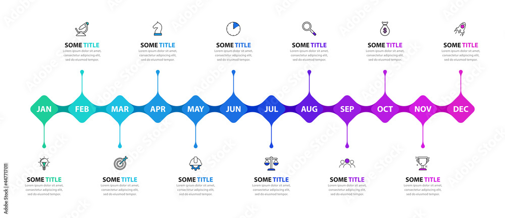 Infographic design template. Timeline concept with 12 steps - obrazy, fototapety, plakaty 
