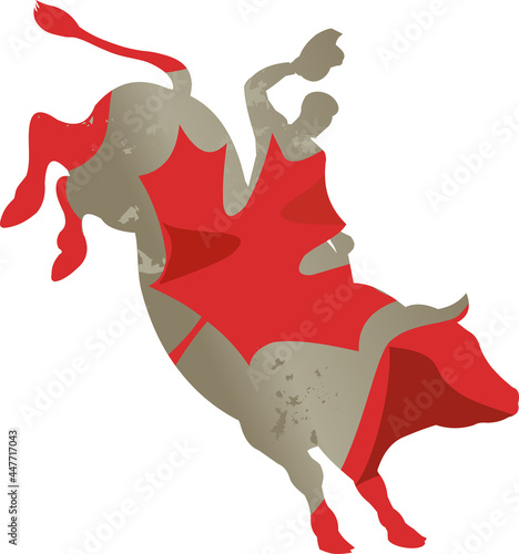 Canada Flag and the silhouette of an authentic western cowboy on horseback. Man riding bucking bronco in rodeo wild west