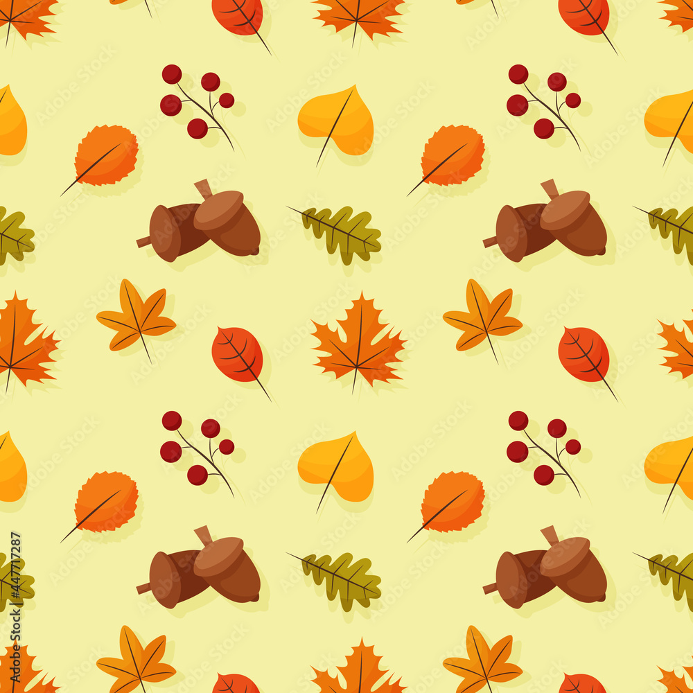 Autumn pattern with leaves, berries, and acorns. Hand-drawn flat cartoon elements. Vector illustration