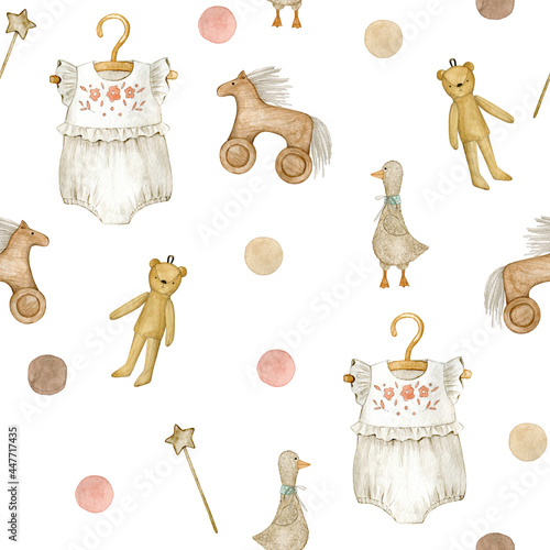 Watercolor seamless pattern polka dot with baby romper and wood toys. Isolated on white background. Hand drawn clipart. Perfect for card, postcard, tags, invitation, printing, wrapping, fabric.