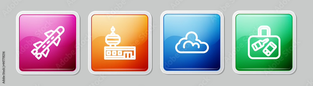 Set line Rocket, Airport control tower, Cloud weather and Suitcase. Colorful square button. Vector Set line Rocket, Airport control tower, Cloud weather and Suitcase. Colorful square button. Vector
