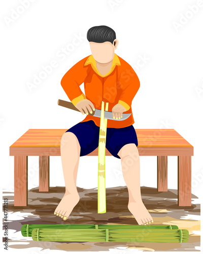 agriculturist sit on litter cutting bamboo vector design