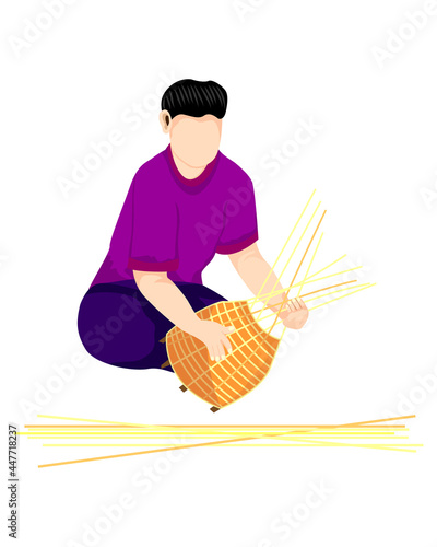 isolated one man weaving fish trap on white background vector design