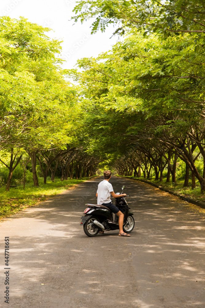 Travel lifestyle view of man on scooter on long green forest road in Uluwatu, Bali, Indonesia.