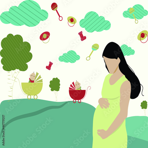 Poster with a Happy pregnant woman hold her belly, dream with the baby and walk in the park.
flat design card, vector illustration.