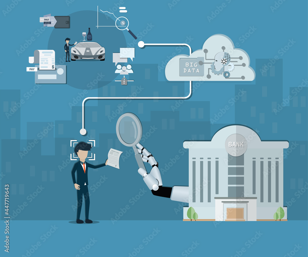 Flat design of business finance, AI analyzing the man who request to lend the money - vector Flat design of business finance, AI analyzing the man who request to lend the money - vector