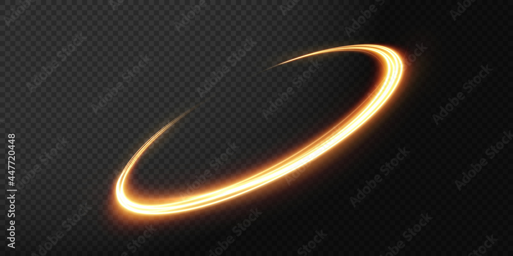 Golden circle light png. Luminous gold wavy line of light on a transparent background. Curve gold line png for games, video, photo, callout, HUD. Isolated vector illustration. Golden circle light png. Luminous gold wavy line of light on a transparent background. Curve gold line png for games, video, photo, callout, HUD. Isolated vector illustration.