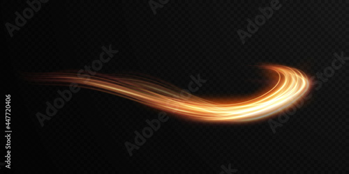 Luminous gold wavy line of light on a transparent background. Gold light, electric light, light effect png. Curve gold line png for games, video, photo, callout, HUD. Isolated vector illustration. photo