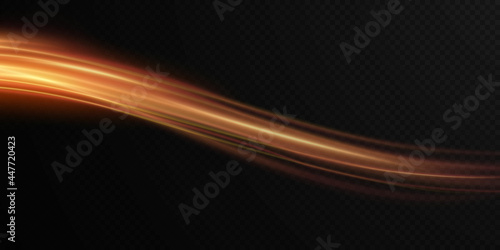 Luminous gold wavy line of light on a transparent background. Gold light, electric light, light effect png. Curve gold line png for games, video, photo, callout, HUD. Isolated vector illustration.