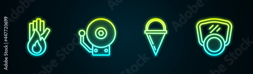 Set line No fire, Ringing alarm bell, Fire cone bucket and Gas mask. Glowing neon icon. Vector