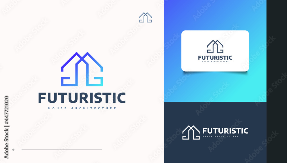 Obraz premium Futuristic Blue Real Estate Logo Design with Line Style. Construction, Architecture or Building Logo Design