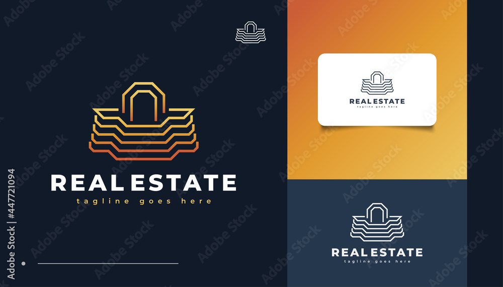 Naklejka premium Luxury Gold Real Estate Logo Design with Line Style. Construction, Architecture or Building Logo Design