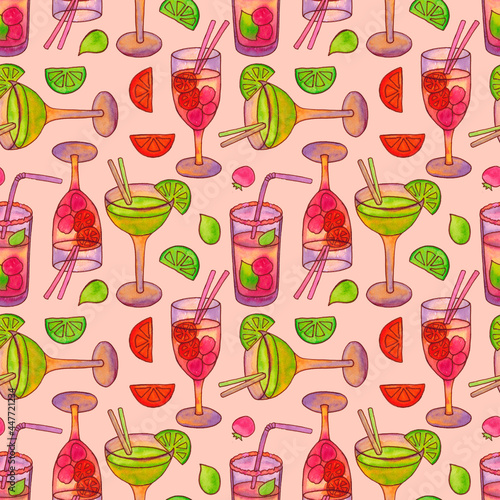 Seamless pattern with cocktails with straws and fruit. Mixed non-alcoholicdrink. The illustration is drawn in watercolor by hand.