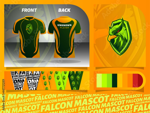 Falcon head mascot logo for the esports team, with Jersey and lanyard template design isolated on gradient background