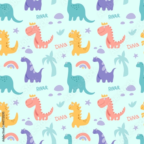 Dinosaurus cute seamless pattern with rainbow, palm tree, stone, branch isolated on blue background. Vector flat illustration. Design for childish textile, fabric, wallpaper, wrapping