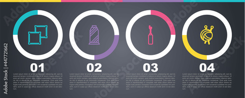 Set line Textile fabric roll, Sewing thread on spool, Awl tool and Yarn ball with knitting needles. Business infographic template. Vector