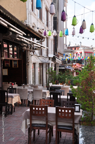 City cafe in Istanbul. Tables are covered with white tablecloths .. 07 July 2021  Istanbul  Turkey.