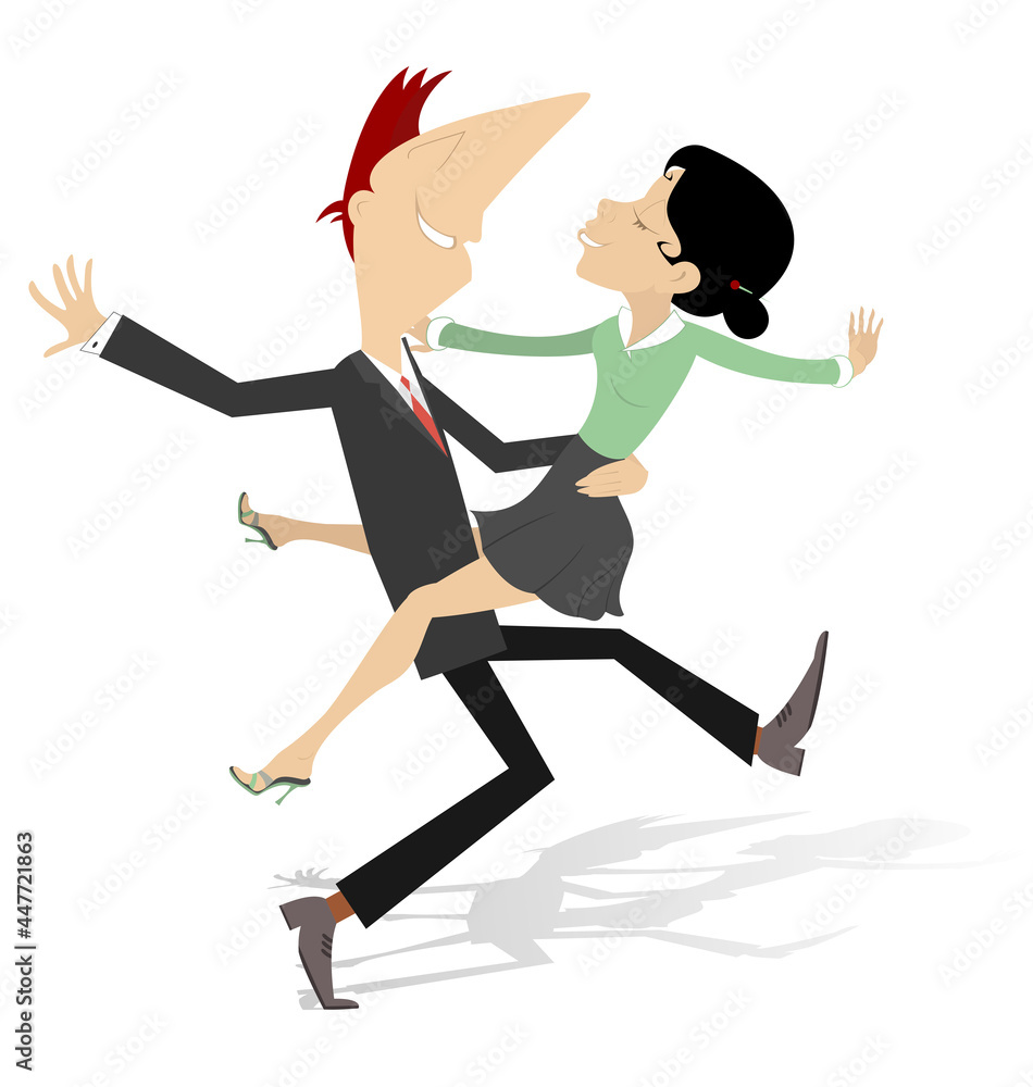 Funny dancing young couple isolated. Romantic dancing man and woman cartoon illustration 