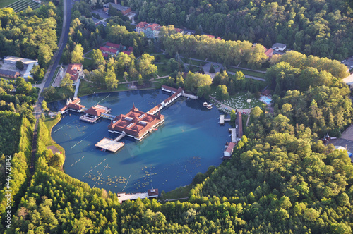 Top view of Lake Hévíz and the building for bathing and receiving medical procedures. May 17, 2017, Heviz, Hungary.