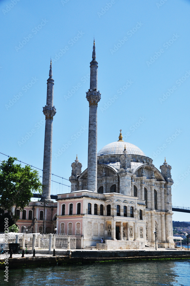 Naklejka premium View of a beautiful mosque with two minarets. July 10, 2021, Istanbul, Turkey.