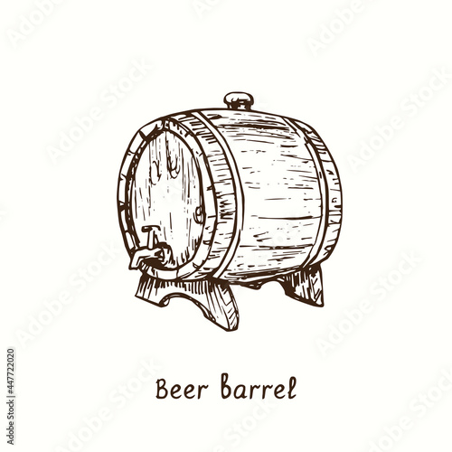 Beer barrel side view with tap. Ink black and white doodle drawing in woodcut style.