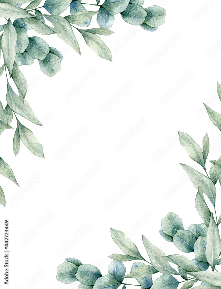 Watercolor illustration frame with leaves of eucalyptus. Hand drawn clipart isolated on white background.  Perfect for card, invitation, baby shower, tags, printing, business cards, wedding.