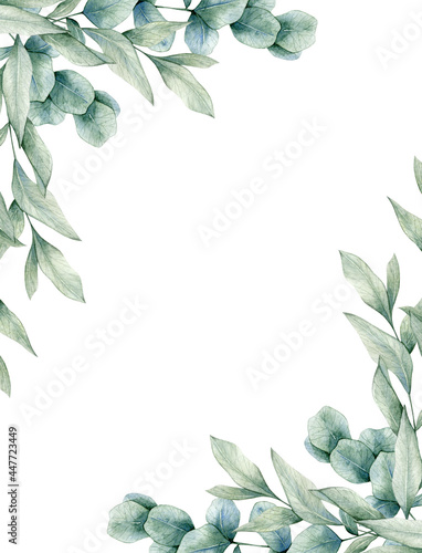 Watercolor illustration frame with leaves of eucalyptus. Hand drawn clipart isolated on white background. Perfect for card, invitation, baby shower, tags, printing, business cards, wedding.