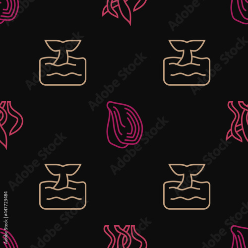 Set line Seaweed, Whale tail in ocean wave and Mussel on seamless pattern. Vector