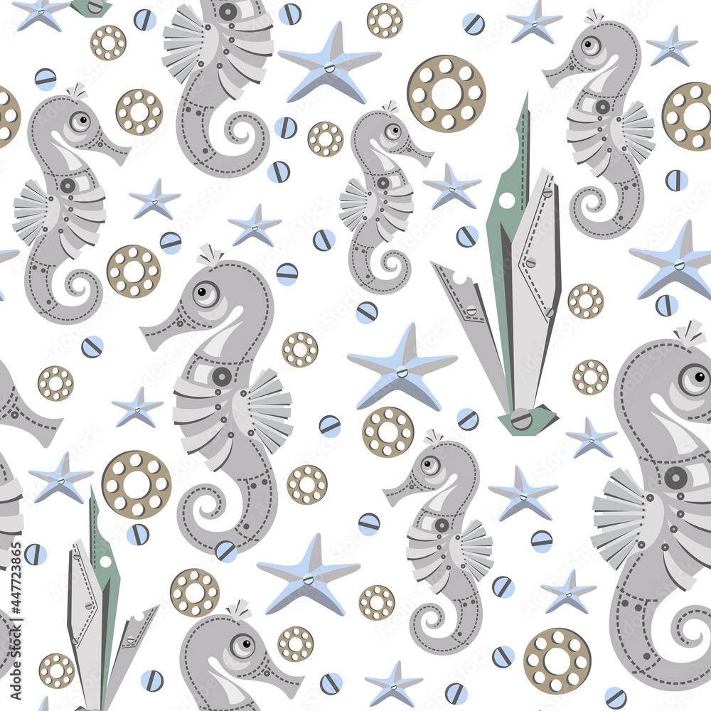 Obraz premium Seamless pattern of abstract sea horses, starfish, seaweed, disks and nails. Fantastic mechanical metal sea creatures. Steampunk style. Flat cartoon design.