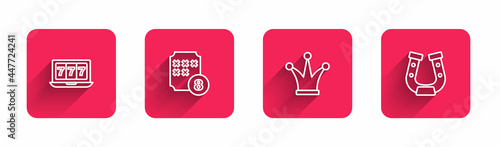 Set line Online slot machine with jackpot, Lottery ball on bingo card, Joker playing and Horseshoe with long shadow. Red square button. Vector