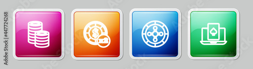 Set line Casino chips, , roulette wheel and Online poker table game. Colorful square button. Vector