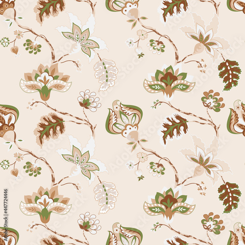 Floral seamless pattern, background. Whimsical flowers Jacobean style on a pastel beige background
