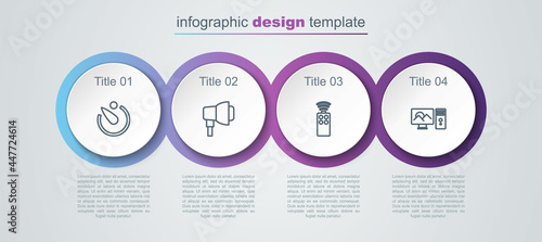 Set line Camera timer, Softbox light, Remote control for camera and Photo retouching. Business infographic template. Vector