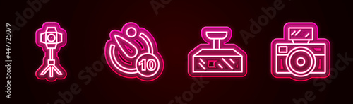 Set line Softbox light, Camera timer, and Photo camera with flash. Glowing neon icon. Vector