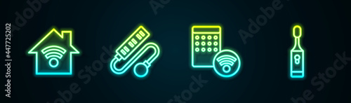 Set line Smart home with wi-fi, Electric extension cord, Air humidifier and toothbrush. Glowing neon icon. Vector