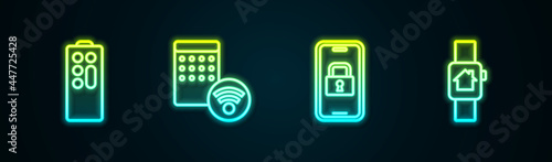 Set line Remote control, Air humidifier, Digital door lock and Smart home with smart watch. Glowing neon icon. Vector
