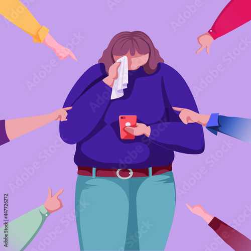 Public blame with pointing fingers on crying girl in shame. Depressed child reading haters comments. Sad teenager suffering from cyberbullying. Body shaming. Cartoon vector illustration.
