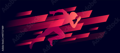 dynamic composition, running man illustration silhouette in speed geometric shapes, red on dark